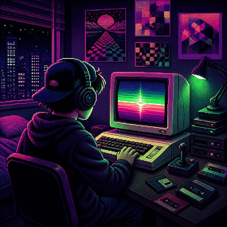 Pixel art van een hacker met koptelefoon achter een retro computer